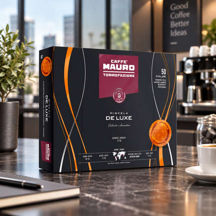 Caffè Mauro De Luxe 70/30 Kapseln neben einer frisch zubereiteten Tasse Espresso