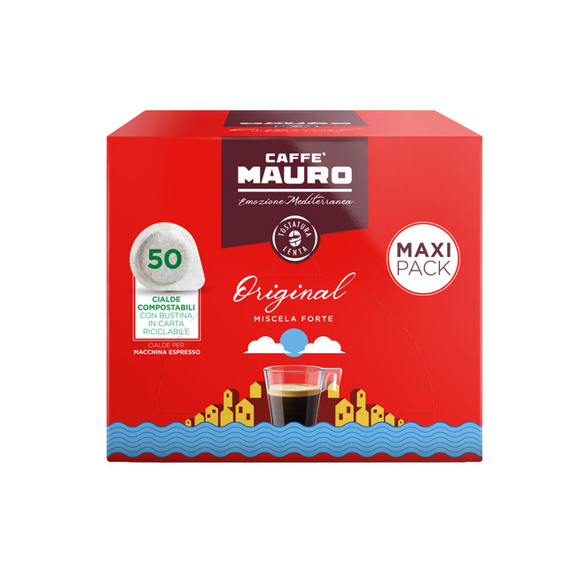 Kaffeepads von Caffè Mauro: ORIGINAL Sorte mit 50 Stück – schokoladiges Aroma und dichte Crema.