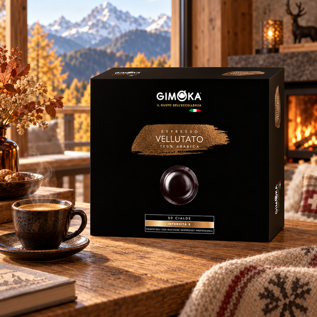 ESPRESSO VELLUTATO Pads neben einer frisch zubereiteten Espressotasse