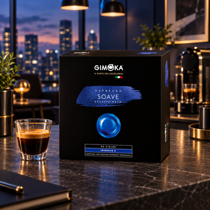 ESPRESSO DEK. SOAVE Pads neben einer Tasse Espresso für Nespresso Professional Maschinen