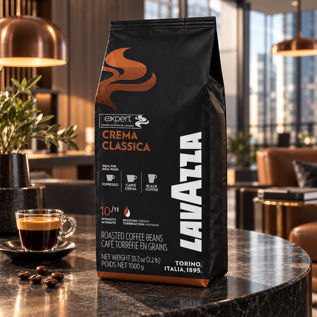 Ganze Lavazza Crema Classica 60/40 Kaffeebohnen neben einer frisch zubereiteten Tasse Kaffee