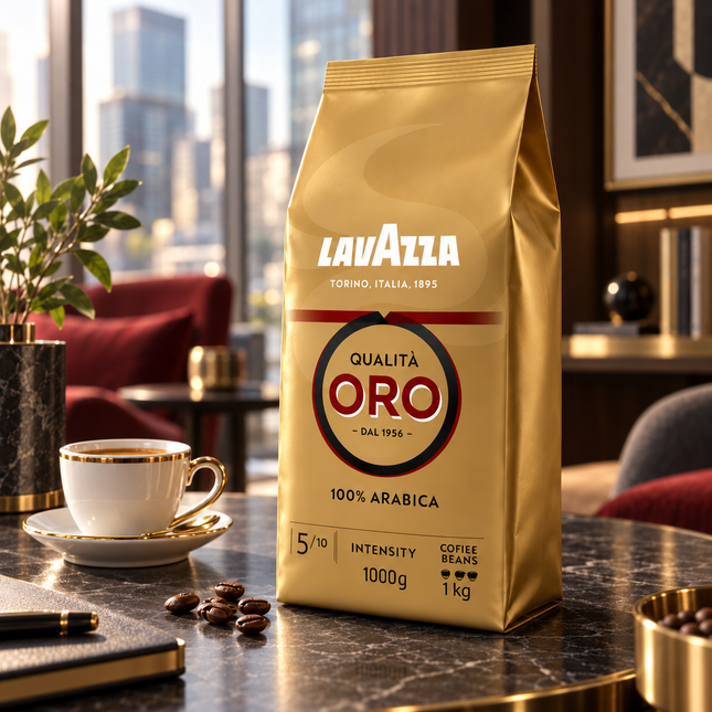 Ganze Lavazza Qualità Oro Kaffeebohnen neben einer frisch zubereiteten Tasse Espresso