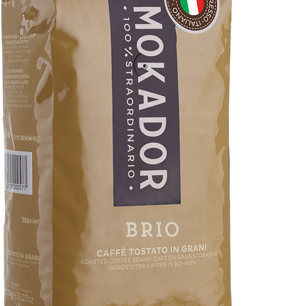 Mokador Brio 1000g: Kräftige Espresso-Mischung mit Noten von Kakao und geröstetem Brot.