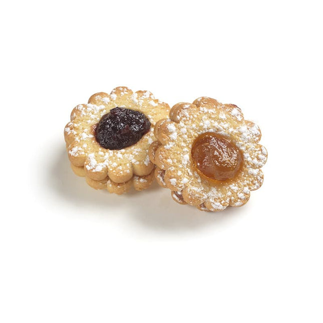 Bristot Occhi di Bue 200 g italienisches Mürbeteiggebäck mit Fruchtfüllung neben einer Tasse Espresso